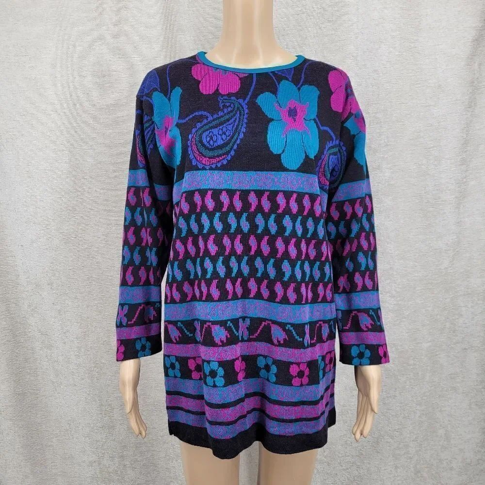 Cape Cod Vintage 80s Black Purple Teal  Floral Paisley Patterned Knit Sweater